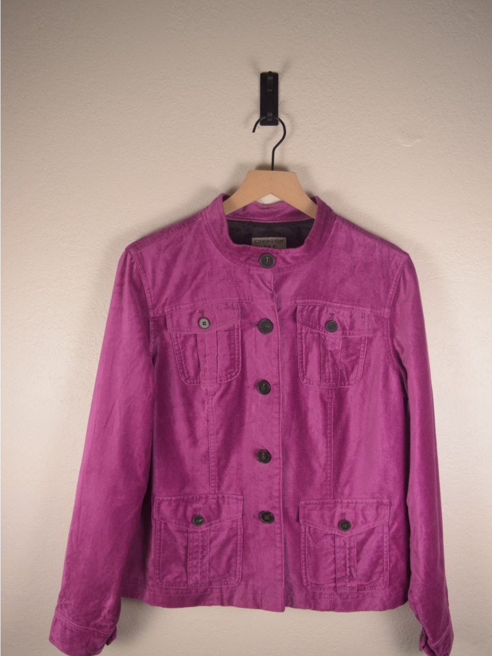 Y2K 90s Covington Purple Velvet Utility Jacket Button Up Pocket Retro